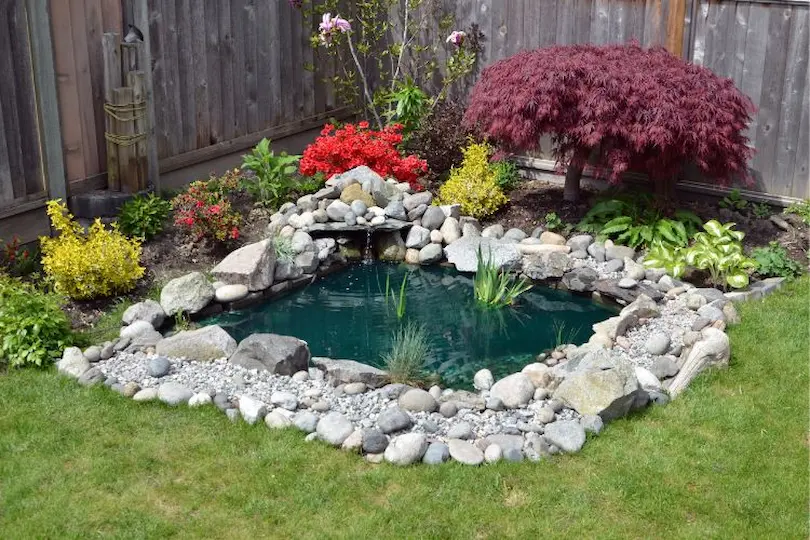 Landscape design with backyard pond and decorative stone edging, image by OAKS Home Services