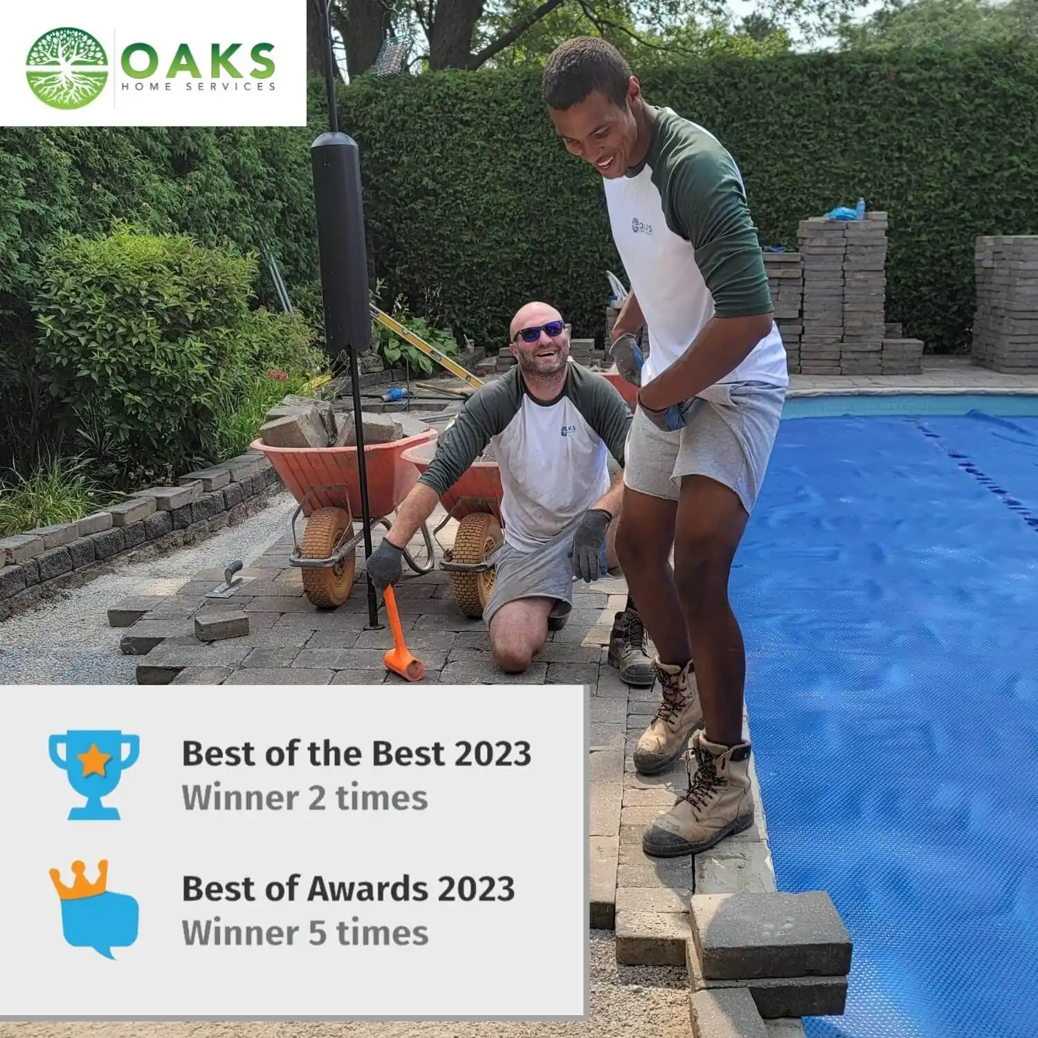 Oaks Home Services team installing interlocking patio, showcasing award-winning landscaping expertise
