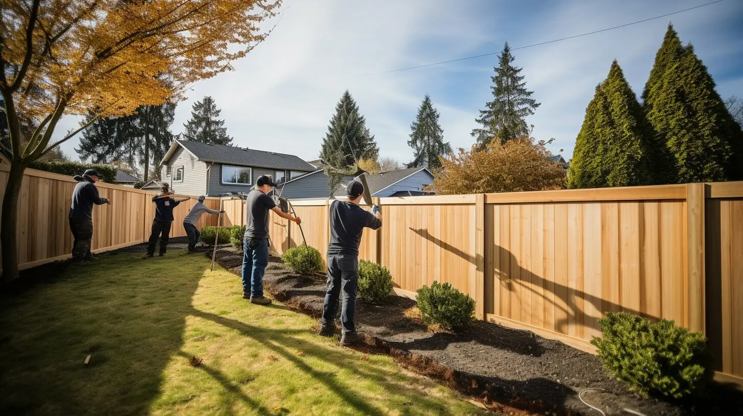 Workers installing new wooden privacy fence along residential backyard property