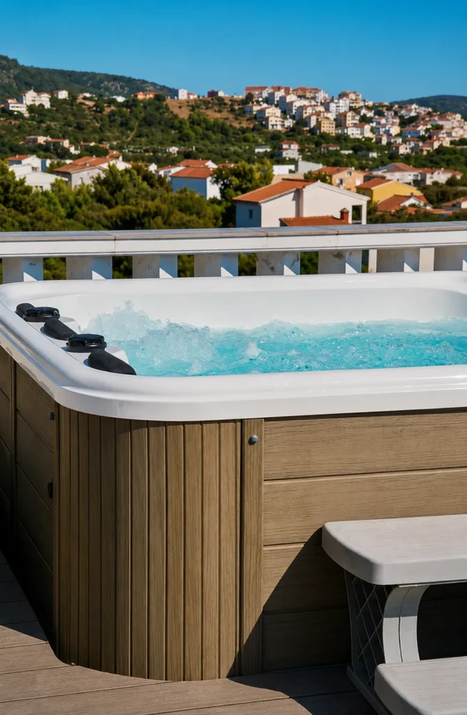 Wood-cabinet hot tub on a rooftop deck overlooking a hillside town, photo by oakshs.ca